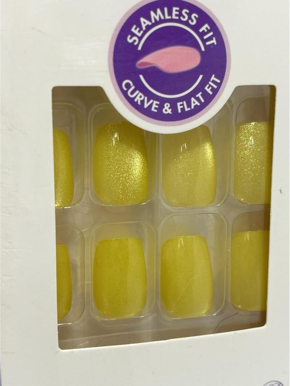 Seamless Fit Press On Nails Yellow Solid Color Full Cover False Fake Nail Set - Picture 2 of 4